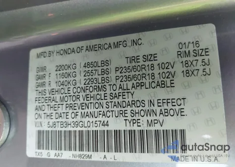 2016 Acura Rdx Acurawatch Plus Pkg from USA, damaged, VIN 5J8TB3H39GL015744